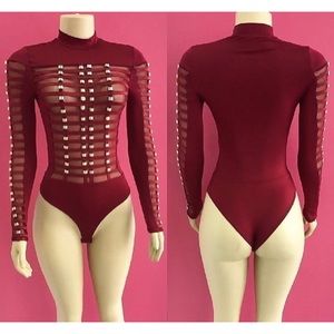 Burgundy Long Sleeve Lycra/Sheer Bodysuit w/Gold